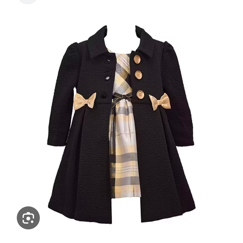Baby Girl Plaid‎ Dress and Black Textured Coat Set Gold Bows 6 months